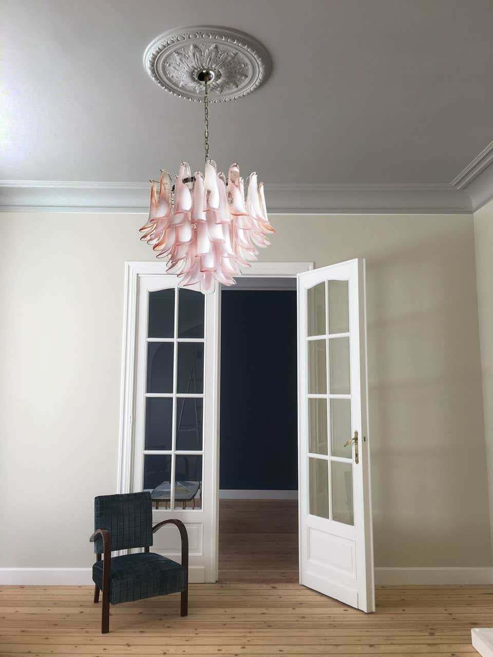 photo for sale Trio Of Flaming Italian 53 Pink Petal Chandeliers Murano