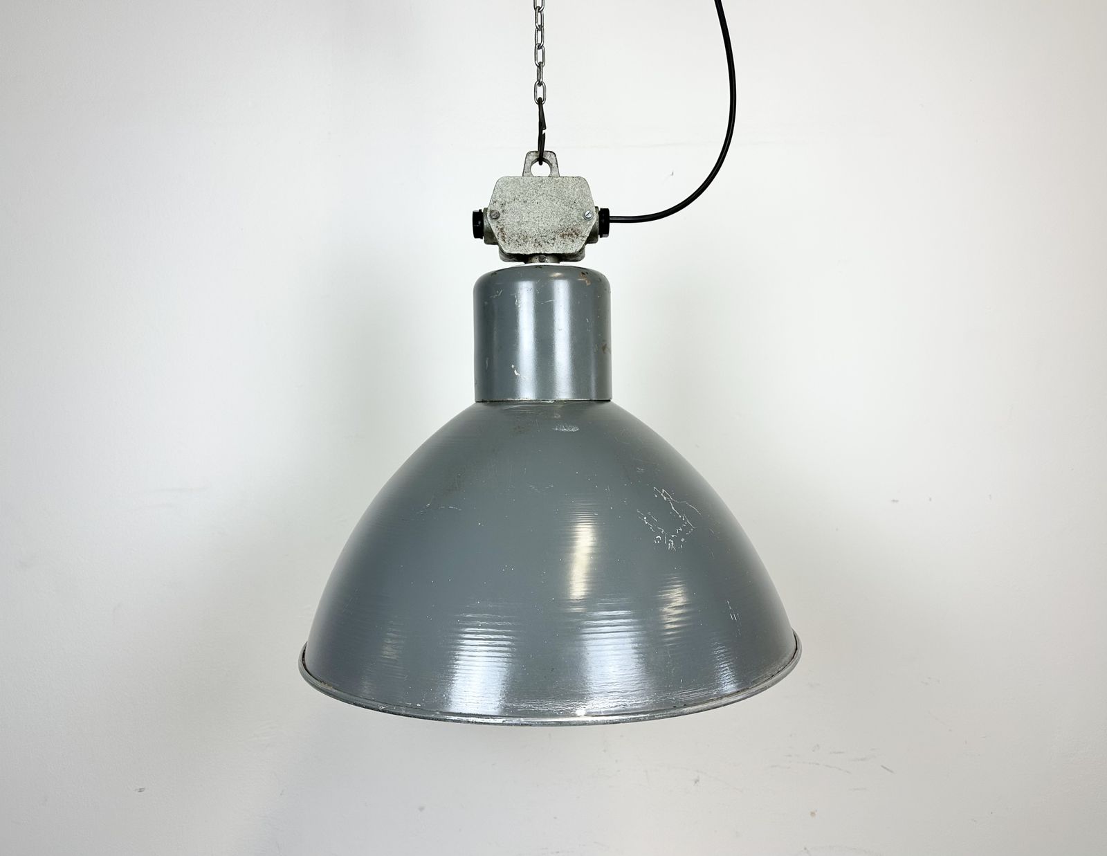 Grey Industrial Aluminium Pendant Lamp From Polam Wilkasy, 1960s, 2x photo furniture
