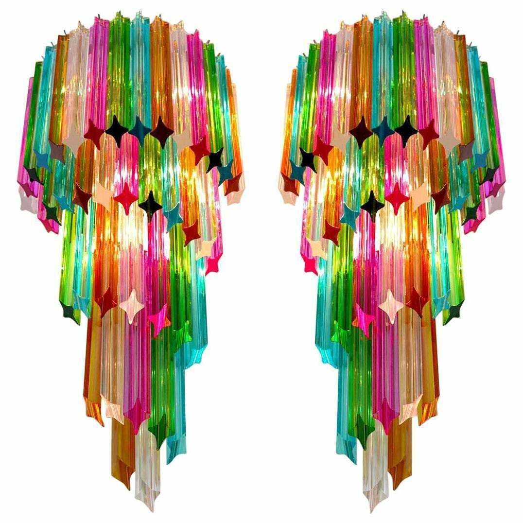 Pair Of Italian Sconces Venini Style 41 Multi Colour Quadriedri, Murano, 1980s photo buy