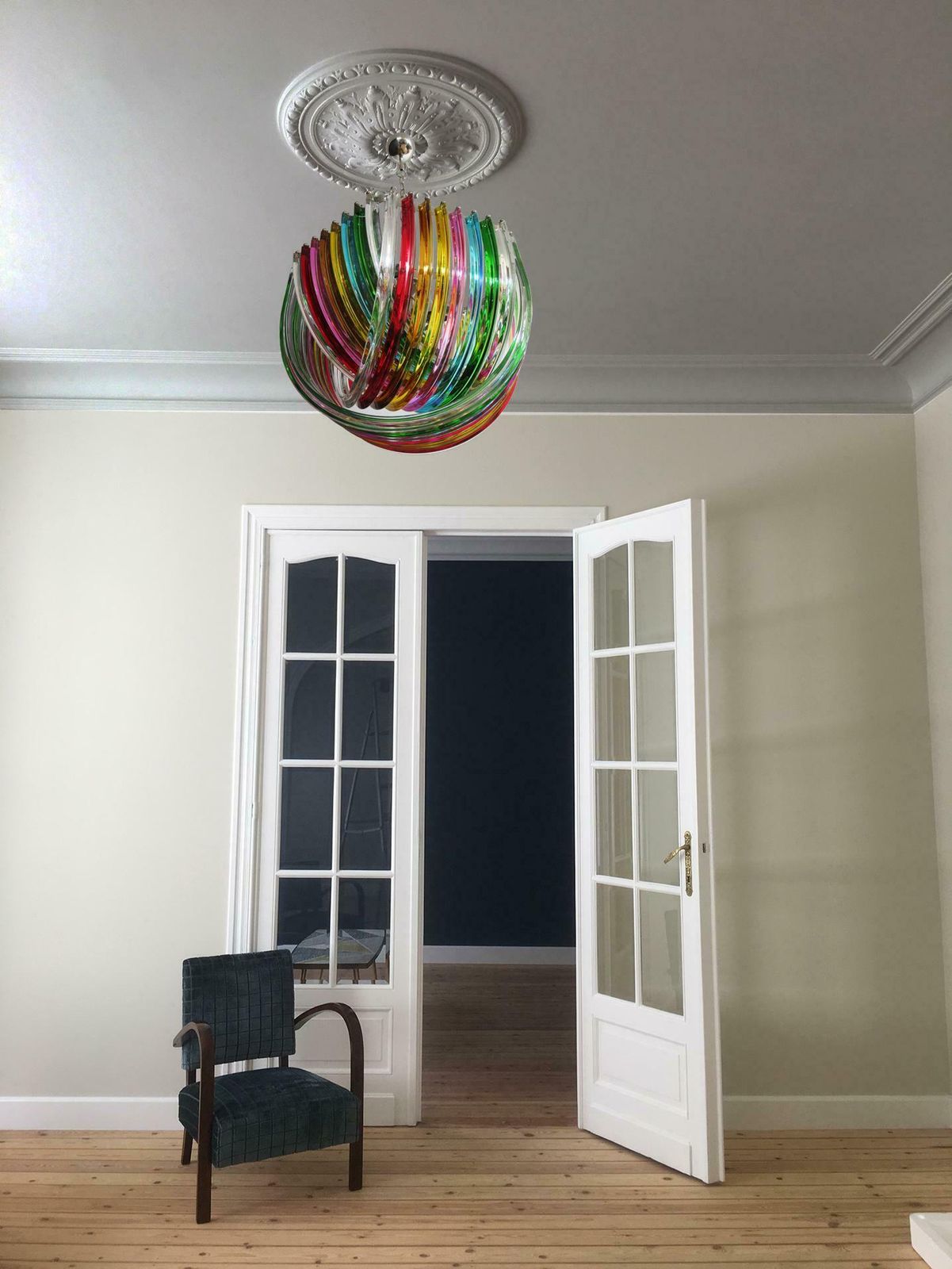 photo vintage Pair Of Curvati Rainbow Ceiling Lights, Multicoloured Triedri, 24 Murano Glasses