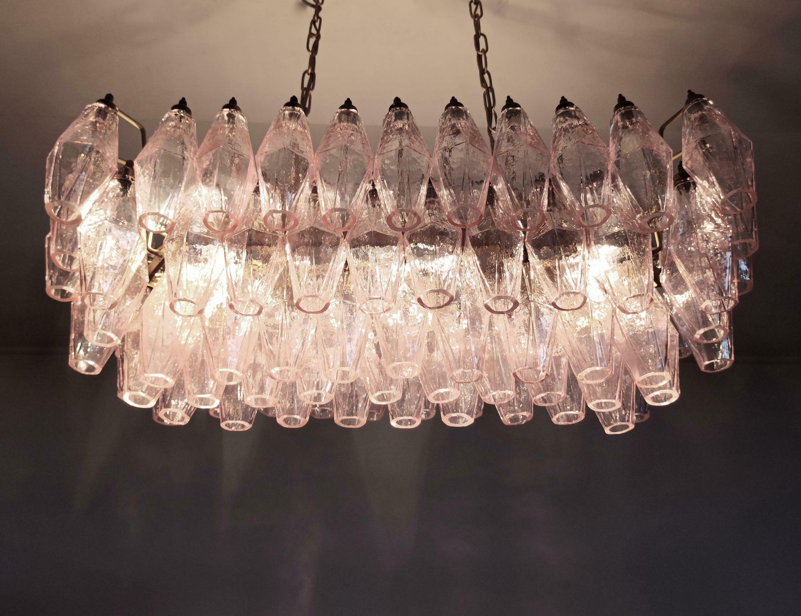photo buy Amazing Pair Of Italian Pink Poliedri Chandeliers, Murano