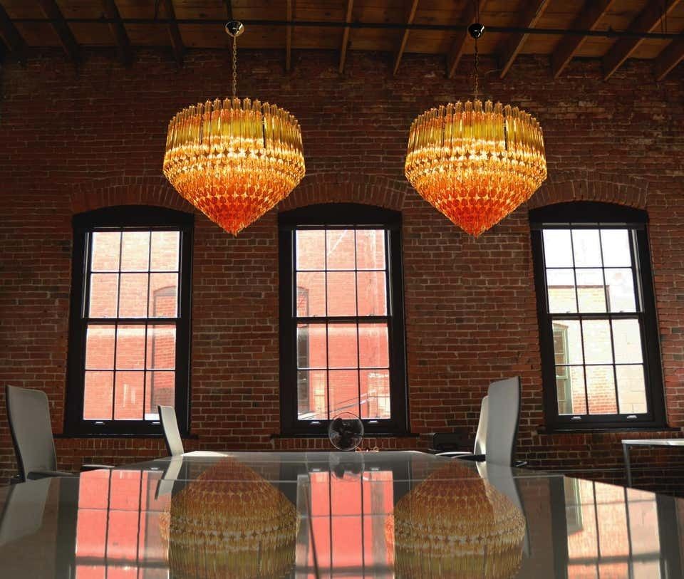 Quadriedri Murano Glass Chandelier, 265 Amber Prism, Gold Frame photo for sale