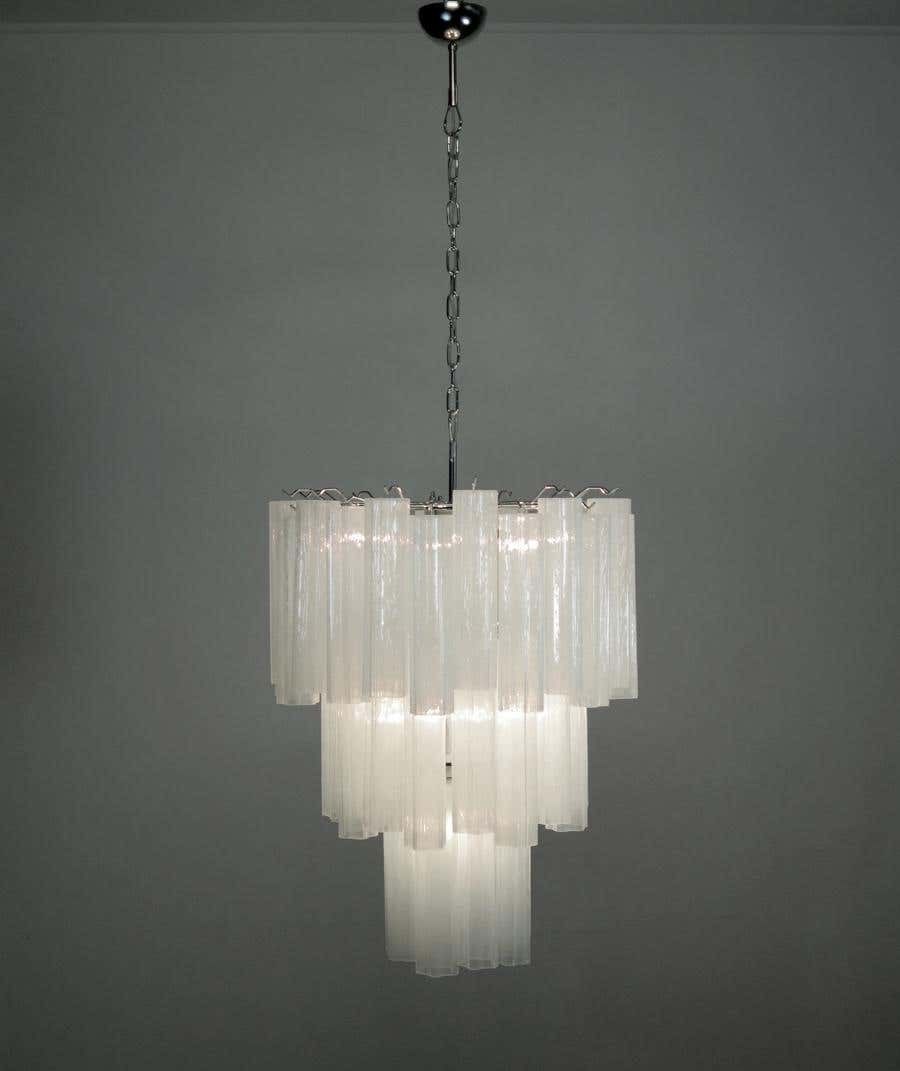 Pair Tronchi Chandeliers Style Toni Zuccheri, 48 White Glasses, Murano, 1990 photo vintage