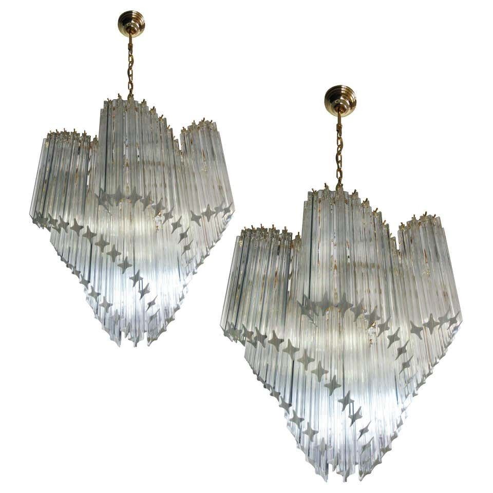 Pair Of Italian Chandelier Quadriedri Gold Metal Frame, Murano