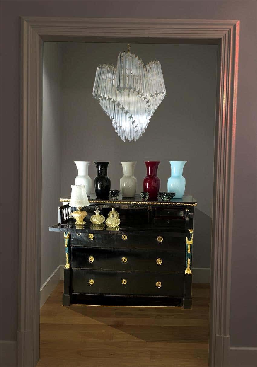 Pair Of Italian Chandelier Quadriedri Gold Metal Frame, Murano photo for sale
