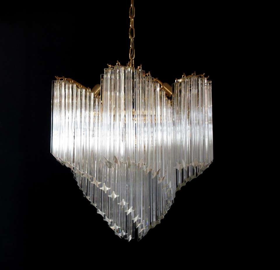Lighting Pair Of Italian Chandelier Quadriedri Gold Metal Frame, Murano photo