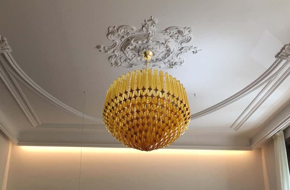 Pair Of Quadriedri Murano Glass Chandelier, 265 Amber Prism, Gold Frame photo 11306.0
