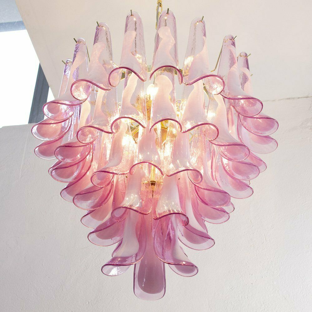 Petal Shaped Chandelier In Fuchsia And White Murano Glass, Italy, 1990s photo Lighting