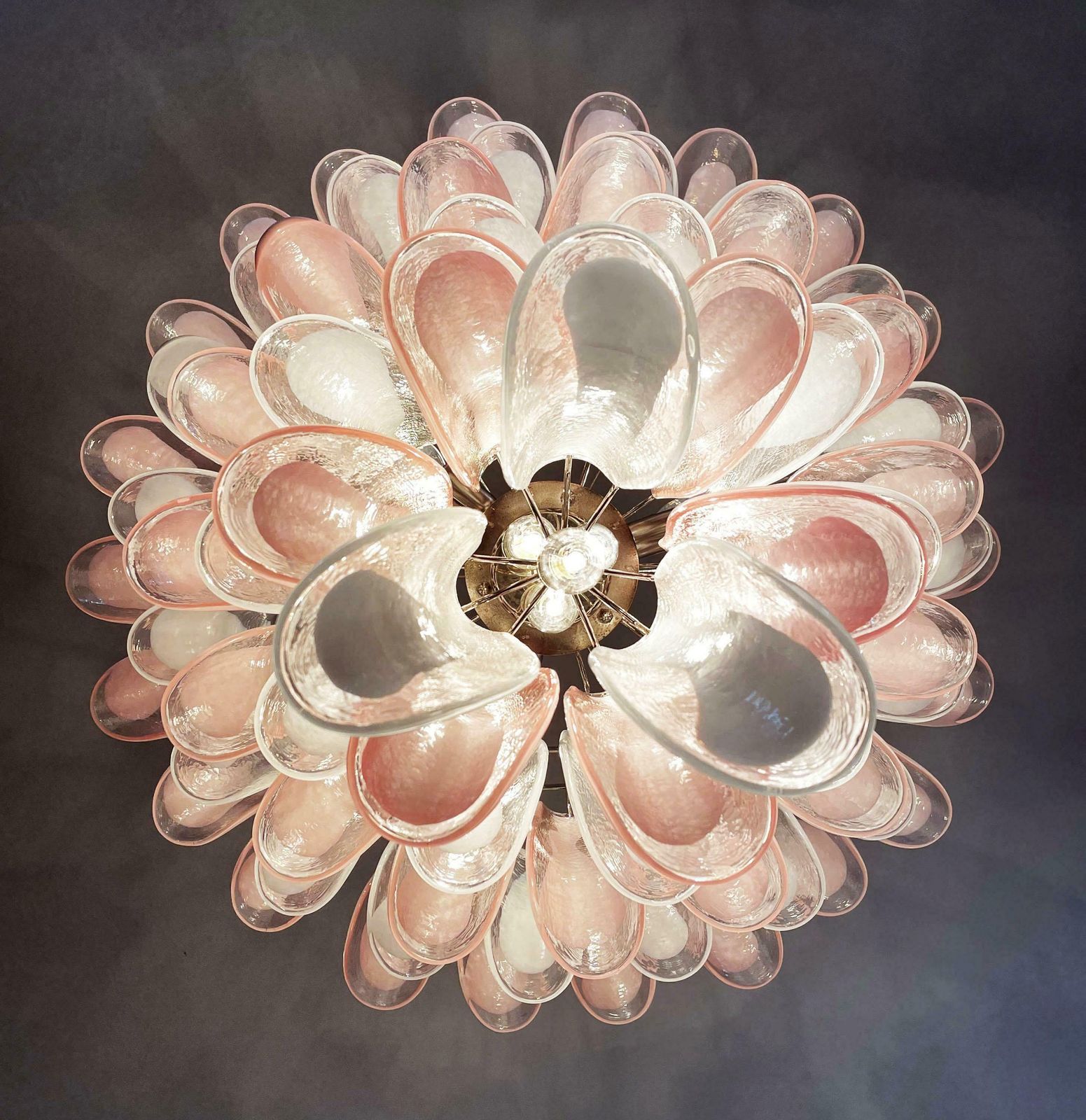 Fabulous Pair Of Italian 75 Pink And White Petal Chandeliers, Murano photo 4846.0