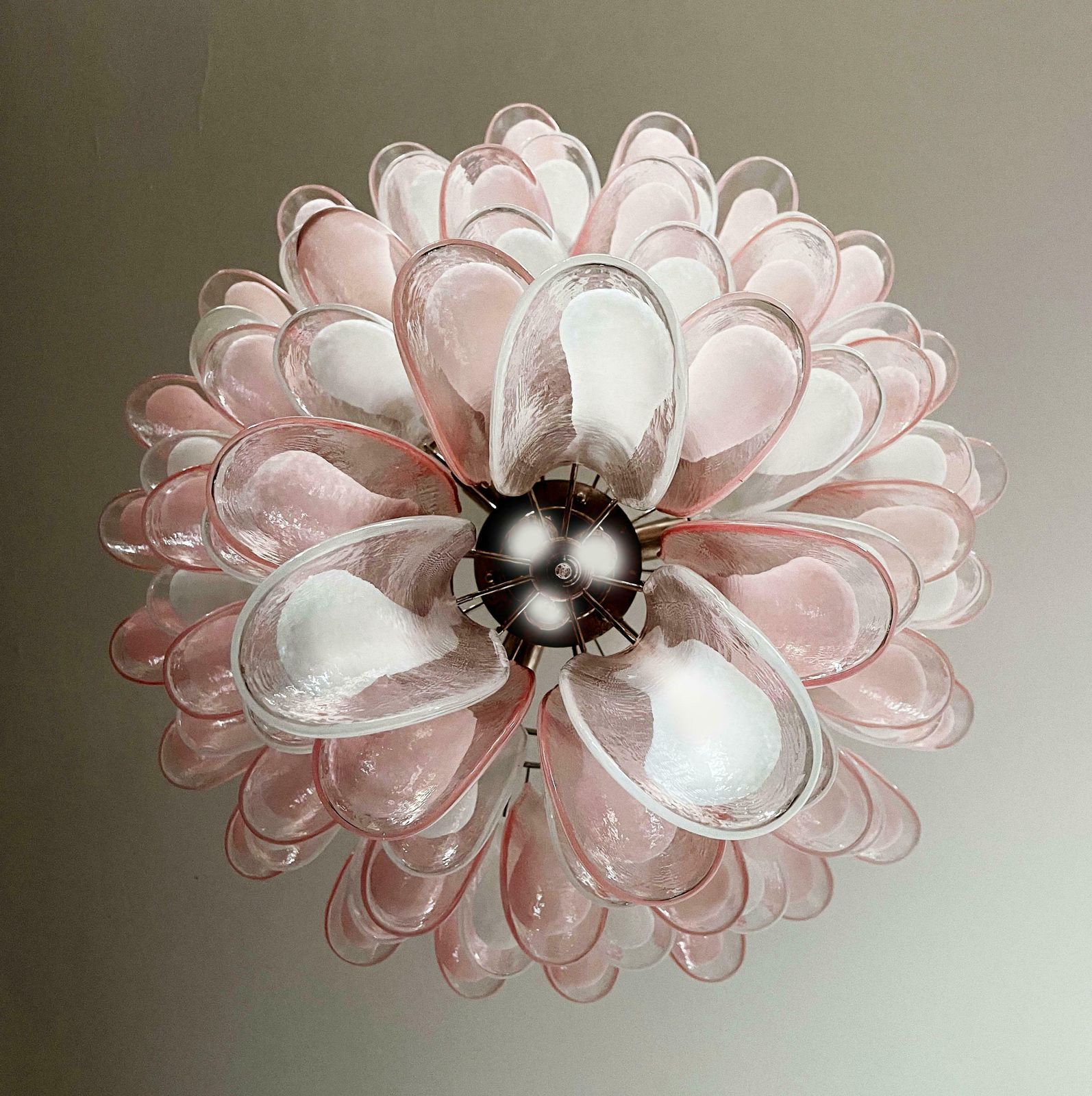photo buy Fabulous Pair Of Italian 75 Pink And White Petal Chandeliers, Murano
