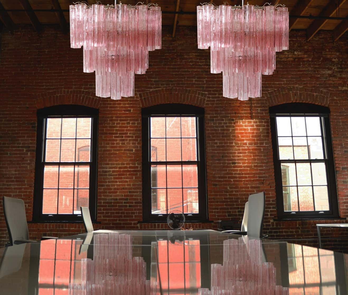 Pair Tronchi Chandeliers Toni Zuccheri Style, 48 Pink Glasses, Murano, 1990 photo furniture