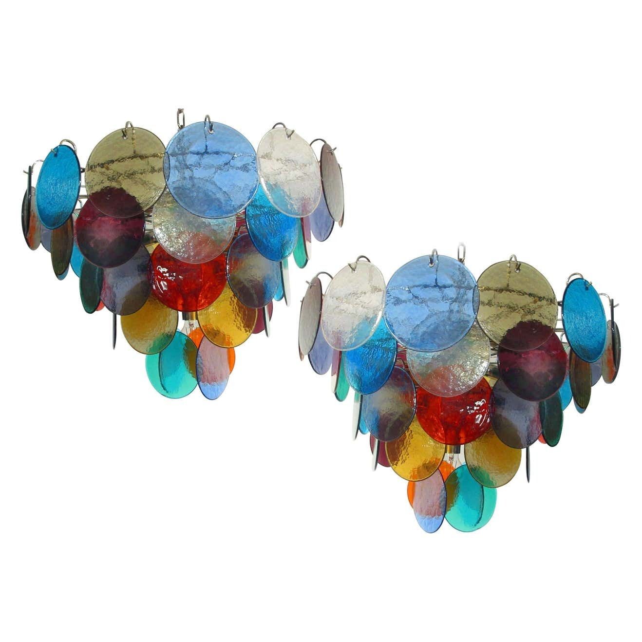 Pair Of Italian 50 Multicoloured Glass Discs Chandeliers, Murano