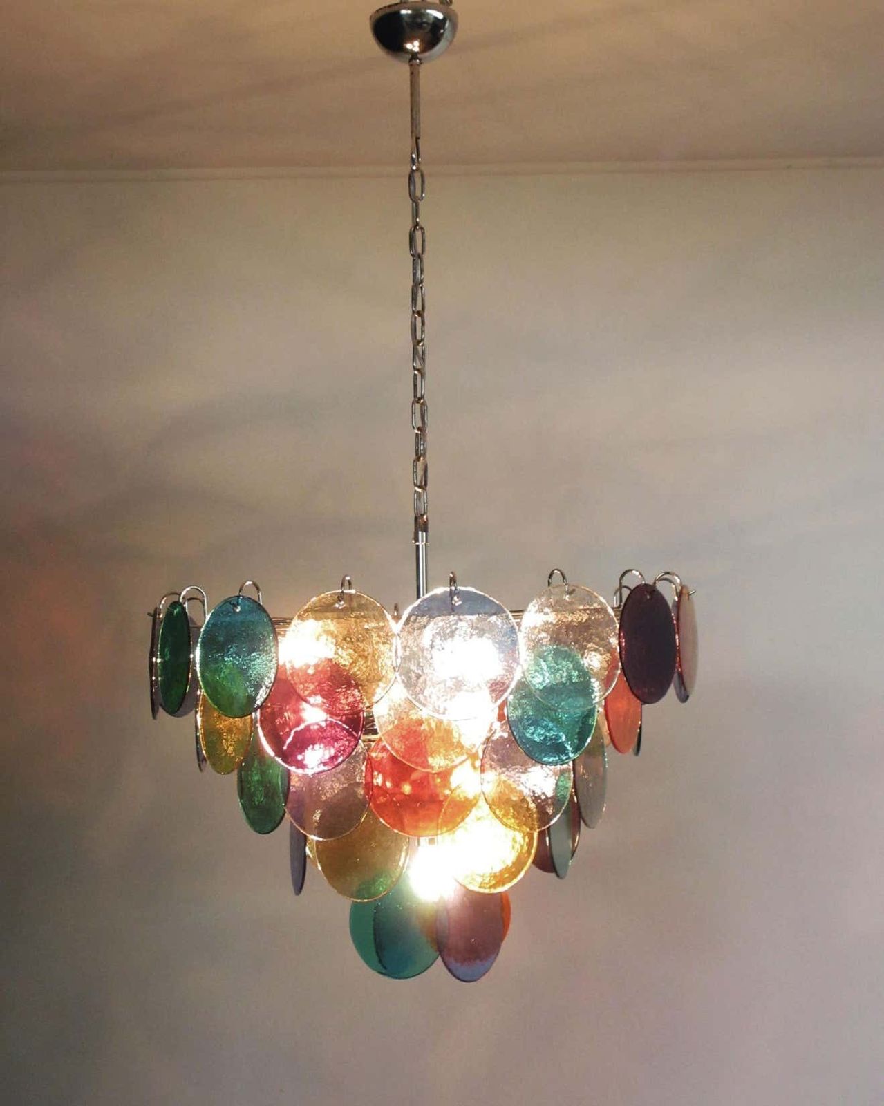 photo for sale Pair Of Italian 50 Multicoloured Glass Discs Chandeliers, Murano