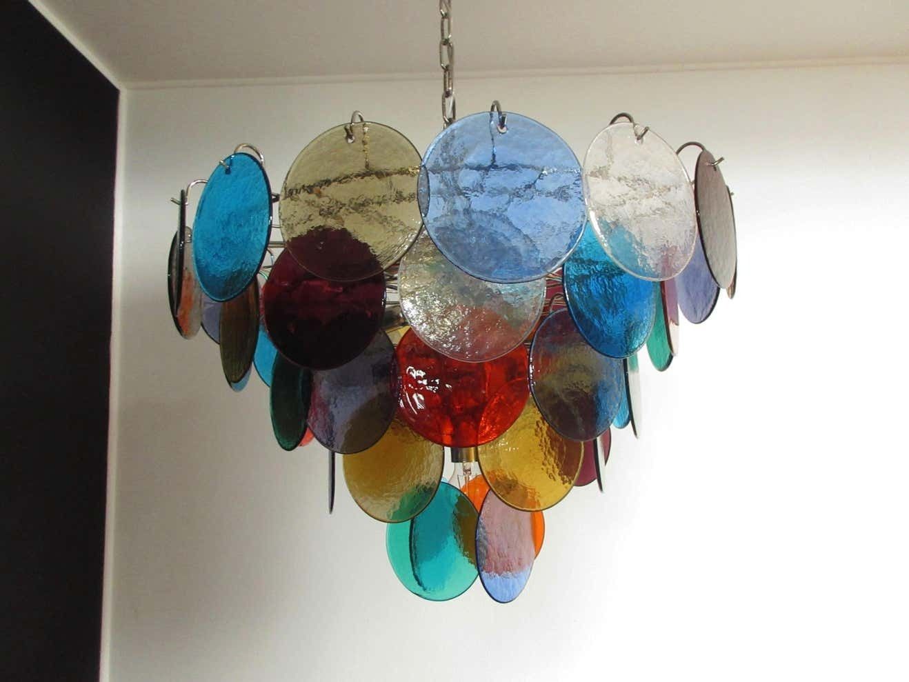 Lighting Pair Of Italian 50 Multicoloured Glass Discs Chandeliers, Murano photo
