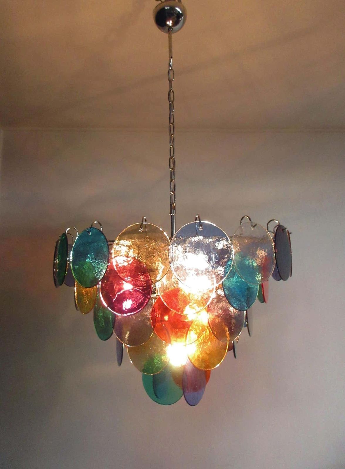 photo buy Pair Of Italian 50 Multicoloured Glass Discs Chandeliers, Murano