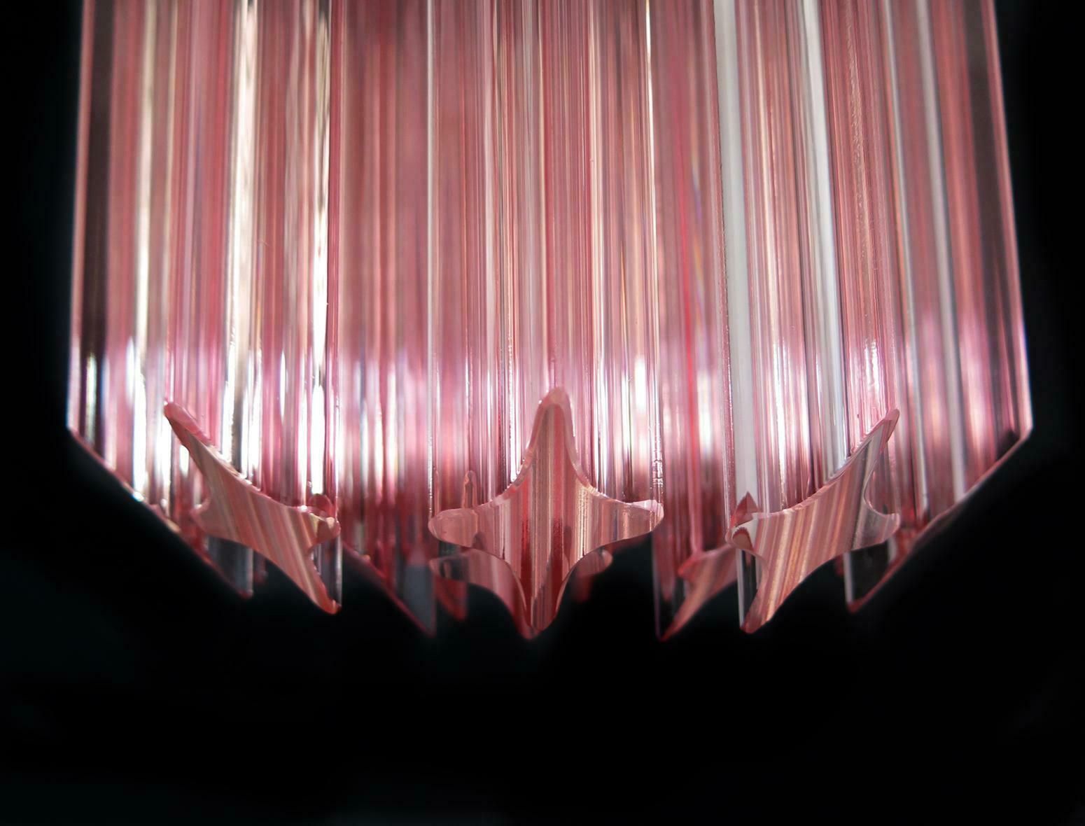 Charming Pair Of 46 Quadriedri Glass Chandeliers, Pink Prism, Murano photo for sale