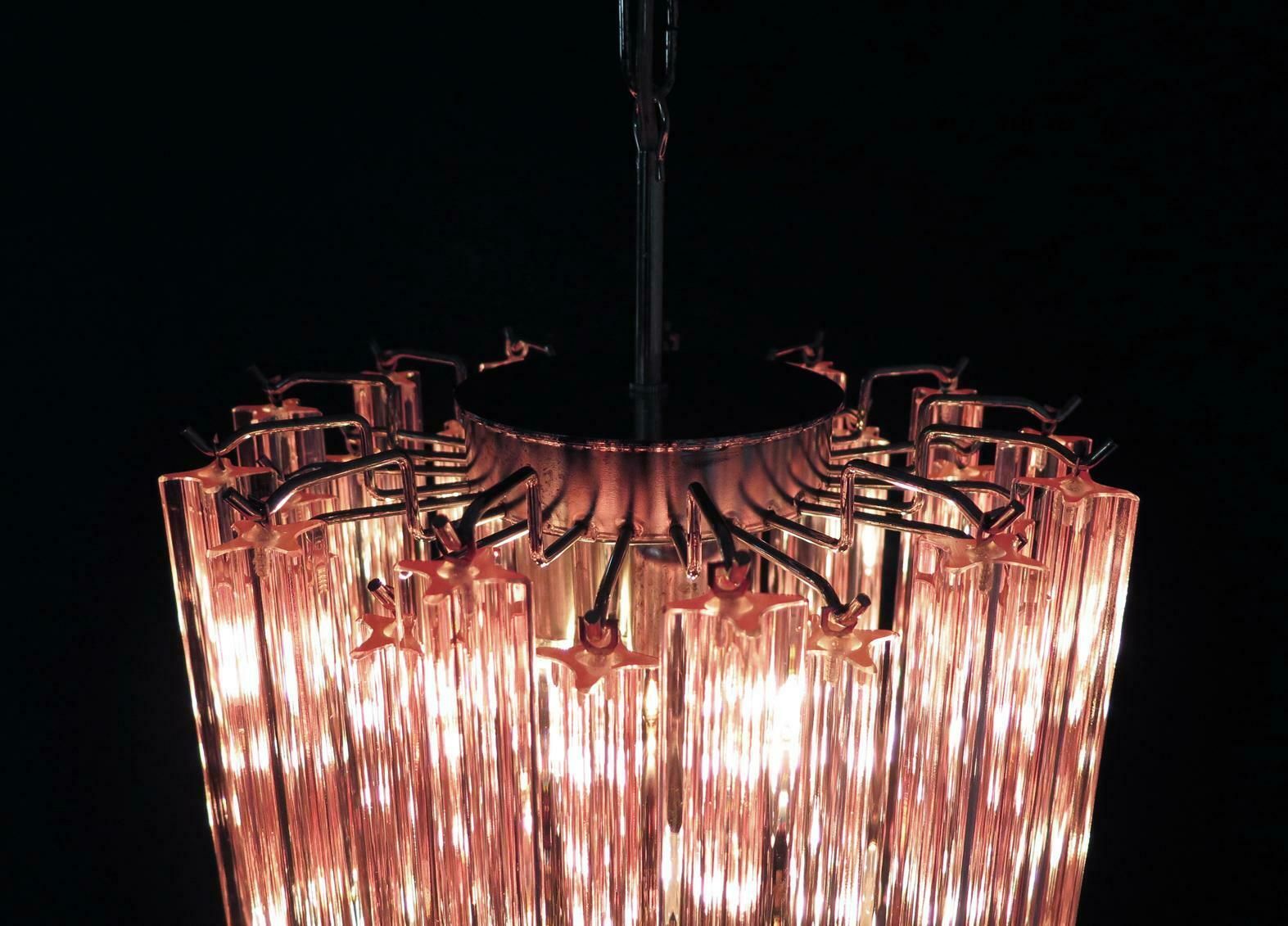 Charming Pair Of 46 Quadriedri Glass Chandeliers, Pink Prism, Murano photo 2423.0
