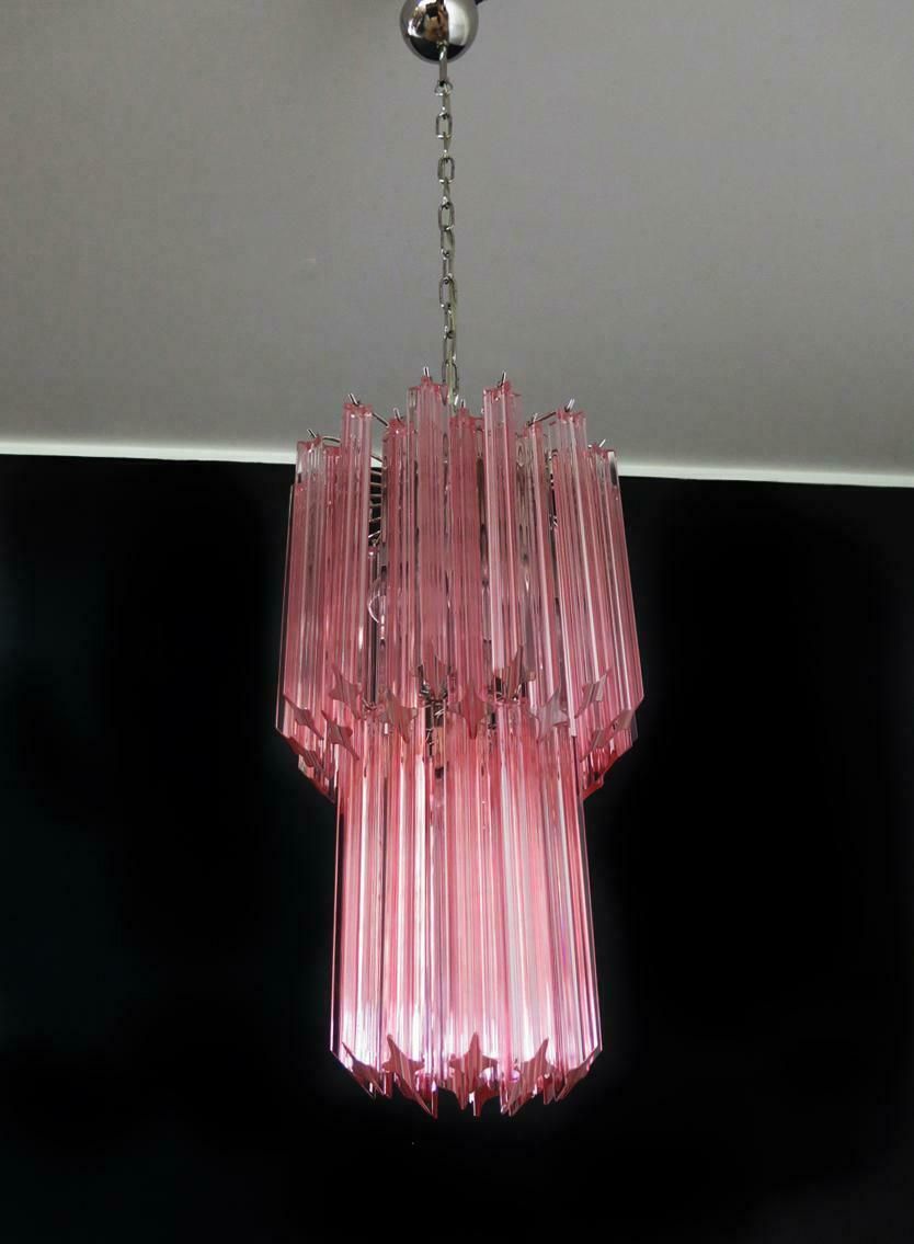 Charming Pair Of 46 Quadriedri Glass Chandeliers, Pink Prism, Murano photo vinterior