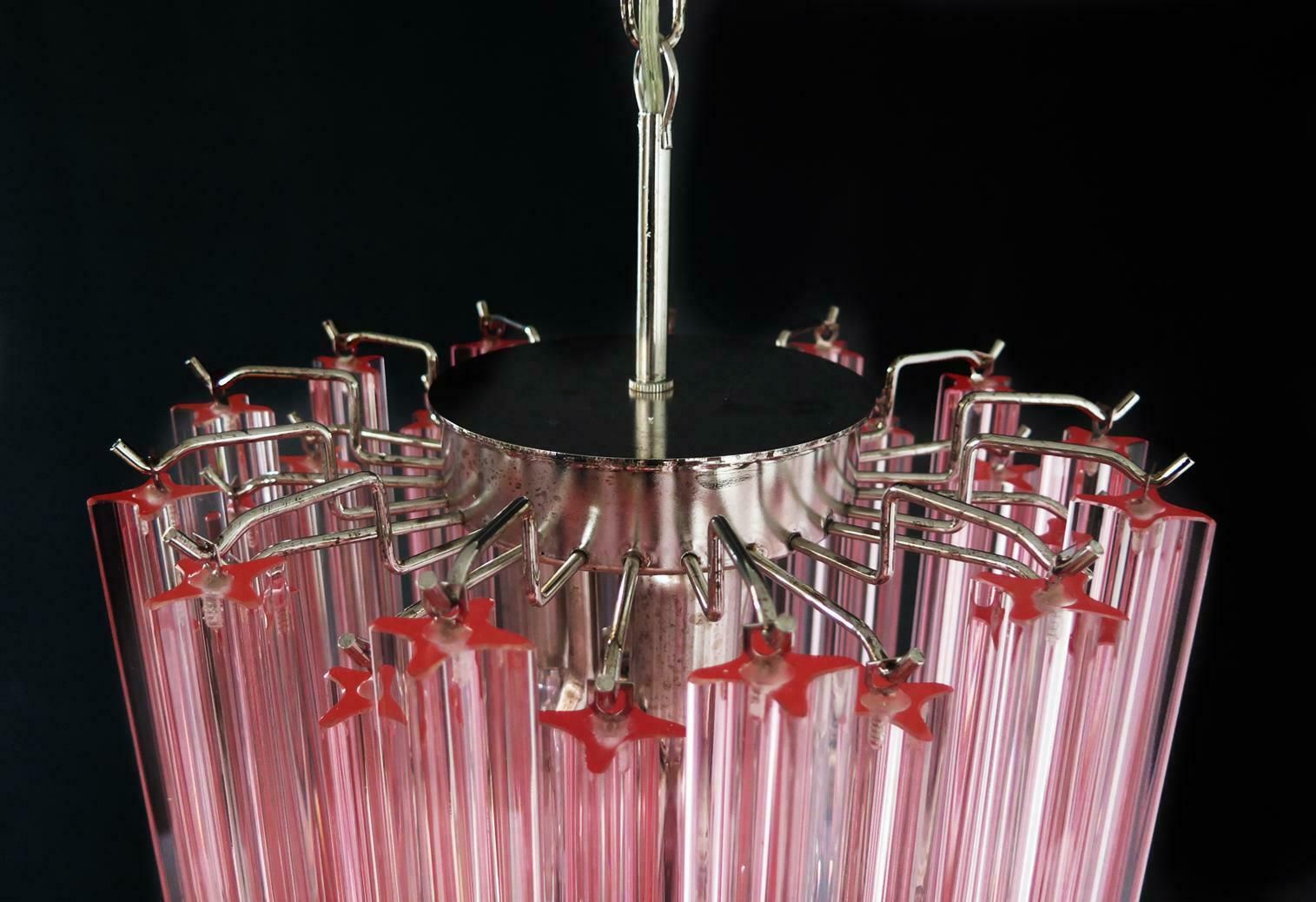 Charming Pair Of 46 Quadriedri Glass Chandeliers, Pink Prism, Murano photo vintage