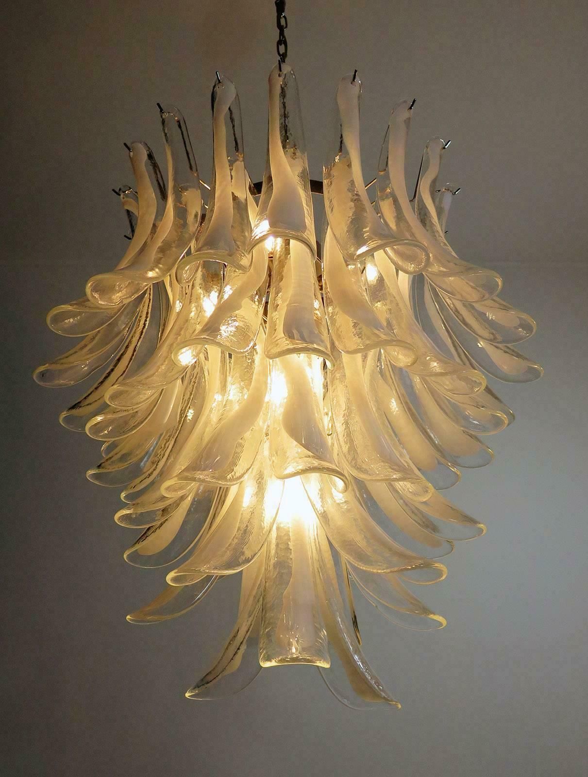 Pair Of Italian Murano 52 White Petals Chandeliers, Murano photo vintage