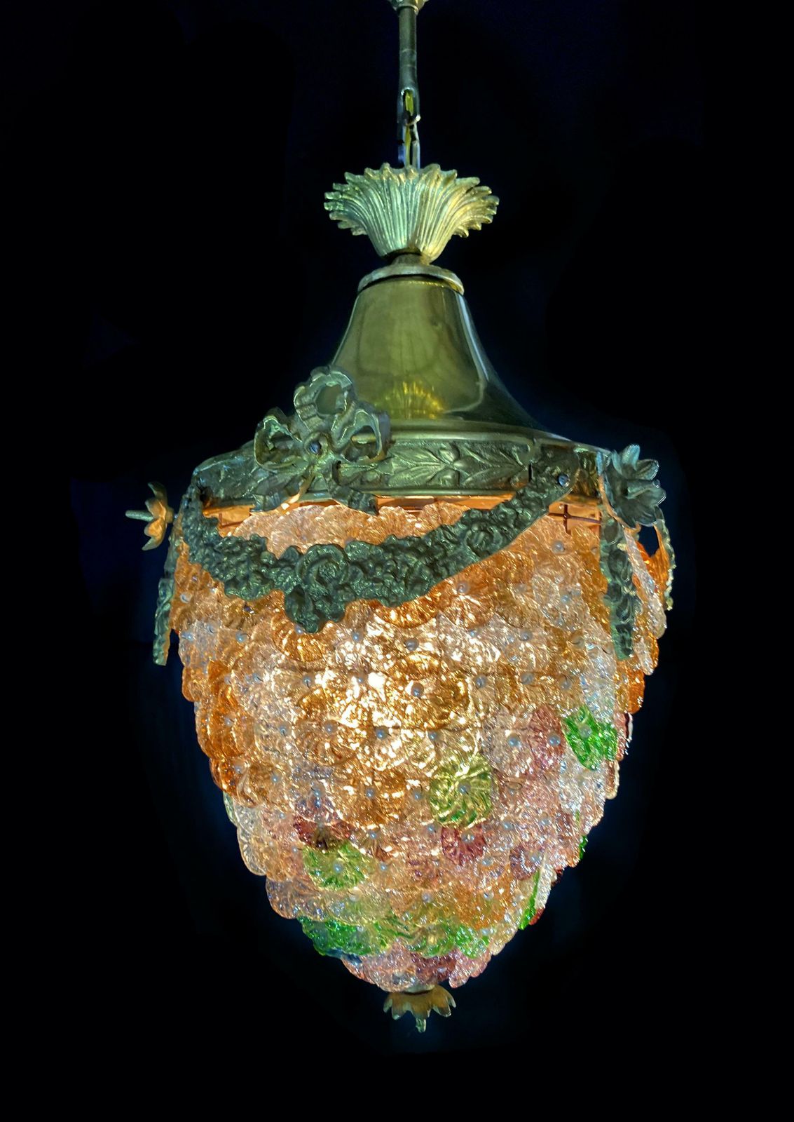 Elegant Pendant Glass Flowers Chandelier, Murano, 1950s photo vintage