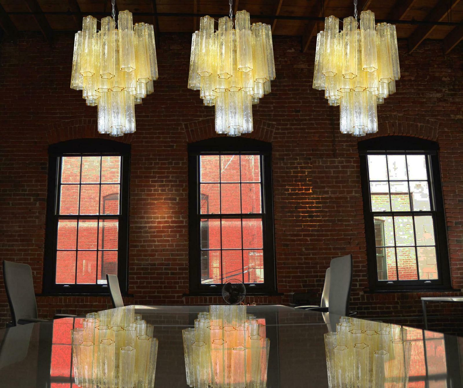 Trio Gold Glass Tube Chandeliers, Murano, 1970s photo furniture