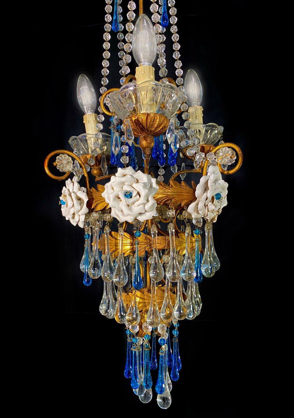 Lovely Chandelier With White Roses And Blue Drops, Murano, 1950s photo furniture