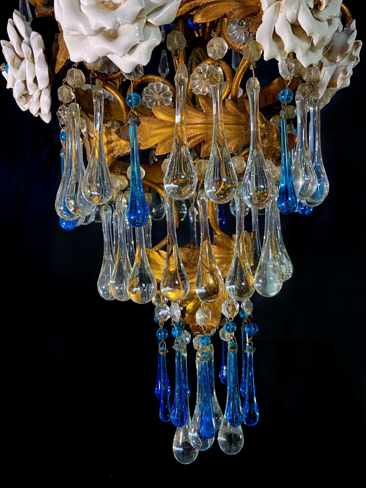 2016.0 Lovely Chandelier With White Roses And Blue Drops, Murano, 1950s photo