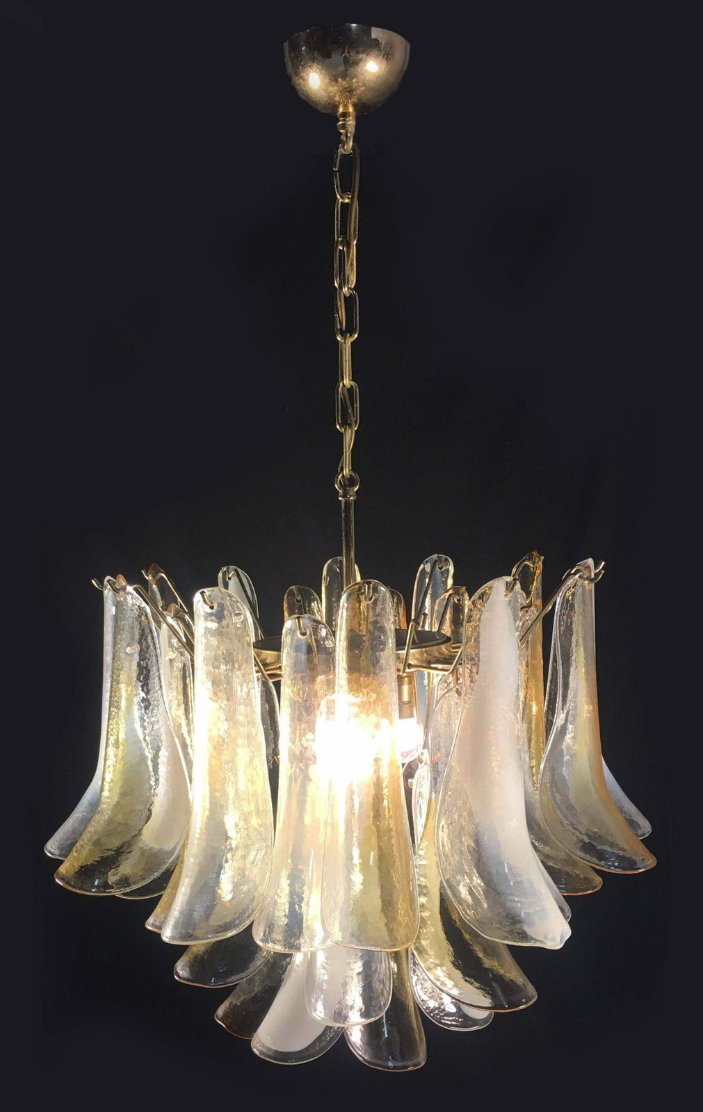 photo furniture Elegant Pair Of Chandeliers 36 White And Amber Petals, Murano, 1990s