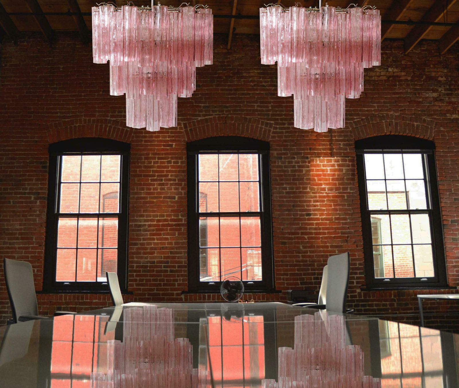 Pair Of Tronchi Chandeliers, 48 Pink Glasses, Murano, 1990 photo furniture