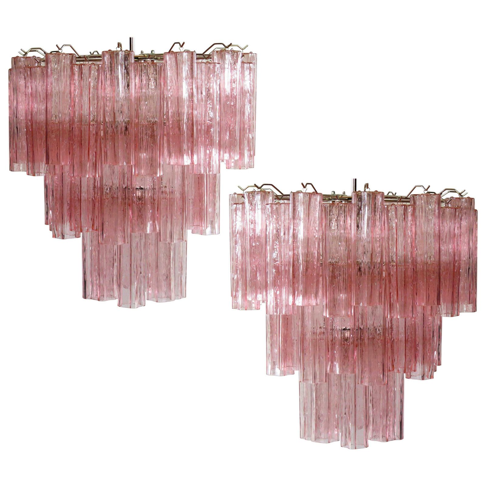 Pair Of Tronchi Chandeliers, 48 Pink Glasses, Murano, 1990