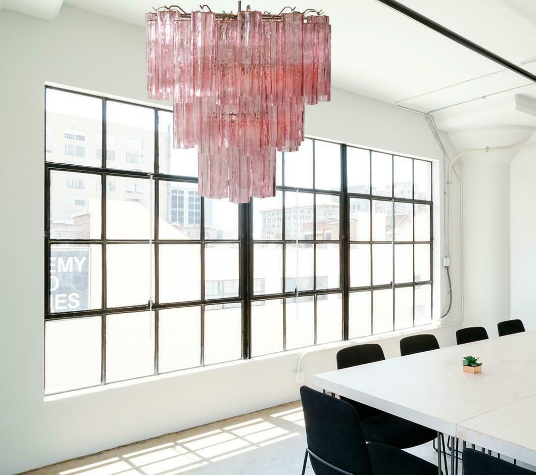 Pair Of Tronchi Chandeliers, 48 Pink Glasses, Murano, 1990 photo vintage