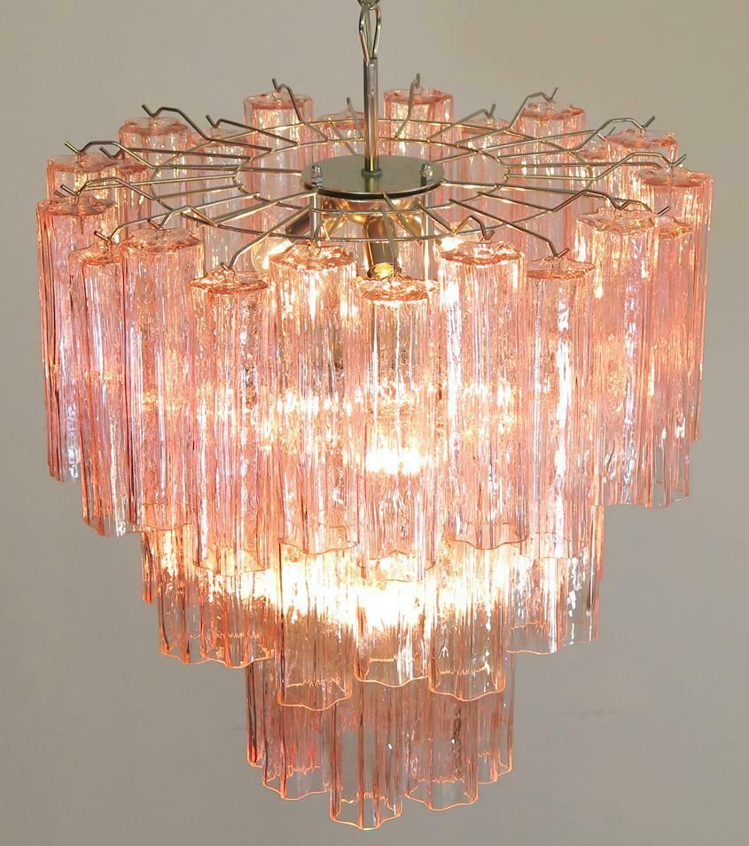 Lighting Pair Of Tronchi Chandeliers, 48 Pink Glasses, Murano, 1990 photo
