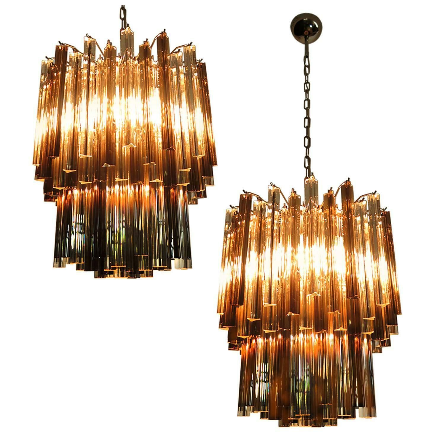 Pair Of Italian Chandeliers Transparent And Smoked Triedri, Murano