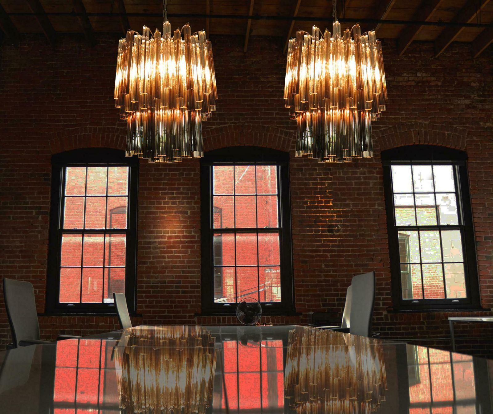 Pair Of Italian Chandeliers Transparent And Smoked Triedri, Murano photo furniture