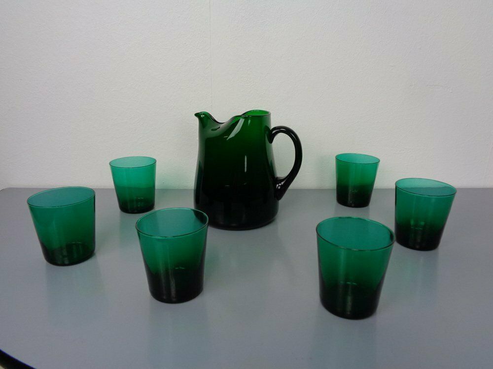 Italian Green Glass Decanter & Tumbler, 1960s, Set Of 7