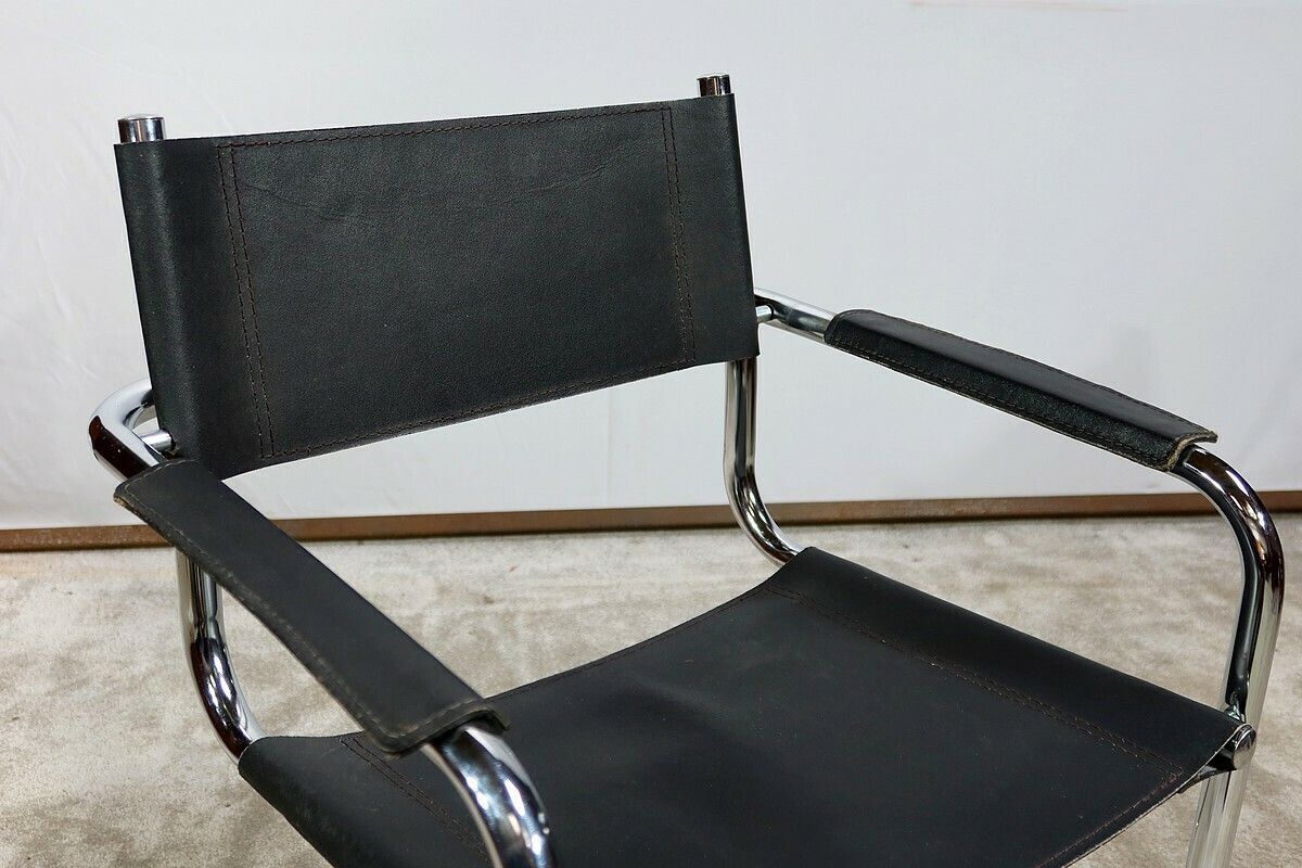 Armchair In Chromed Metal And Black Leather, After M. Breuer – 1970s photo vinterior