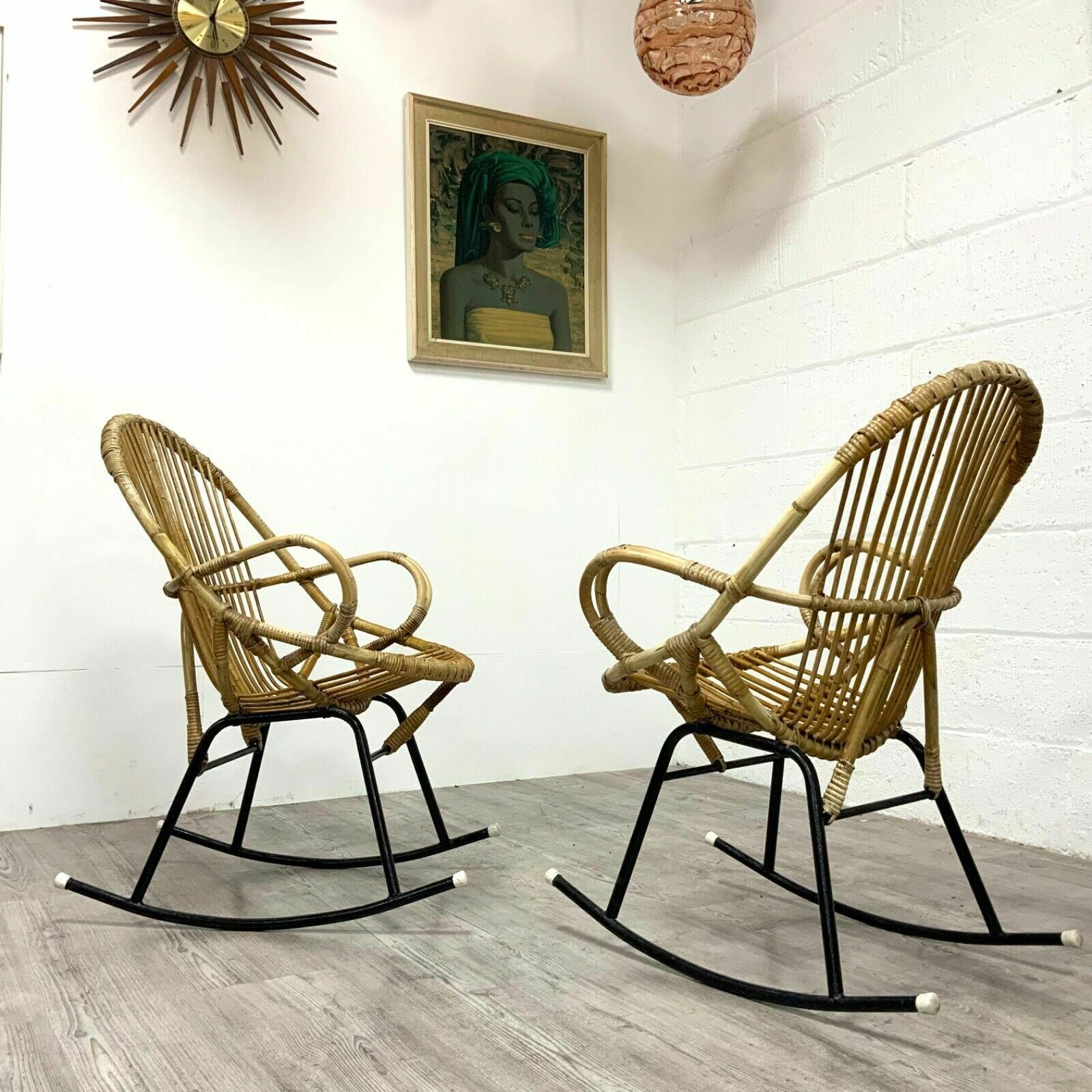 2 X Bamboo Wicker Rocking Chairs By Dirk Van Sliedregt For Rohe Noordwolde, 70s