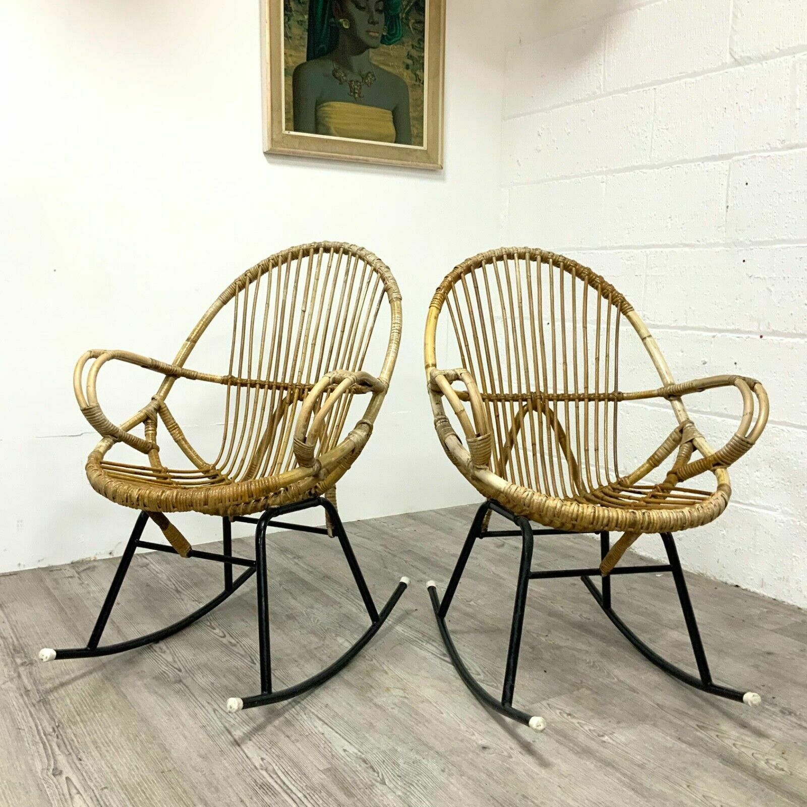 2 X Bamboo Wicker Rocking Chairs By Dirk Van Sliedregt For Rohe Noordwolde, 70s photo for sale