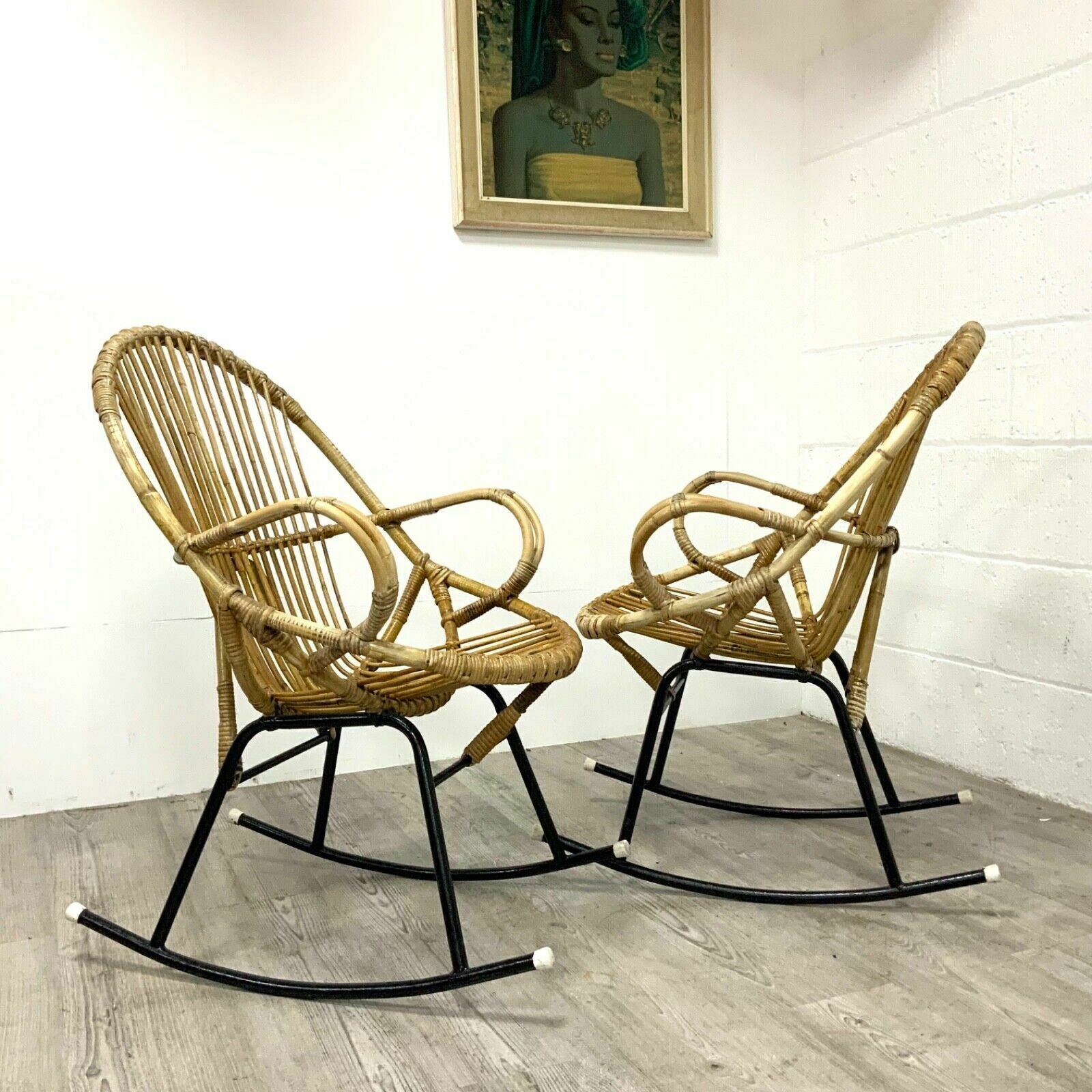 595.0 2 X Bamboo Wicker Rocking Chairs By Dirk Van Sliedregt For Rohe Noordwolde, 70s photo