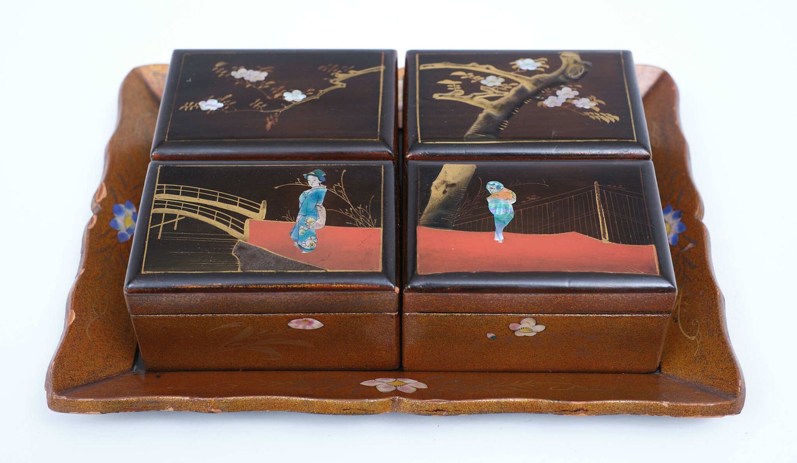 Oriental Lacker Boxes On A Tray, Japan, 1930s photo Home Decor