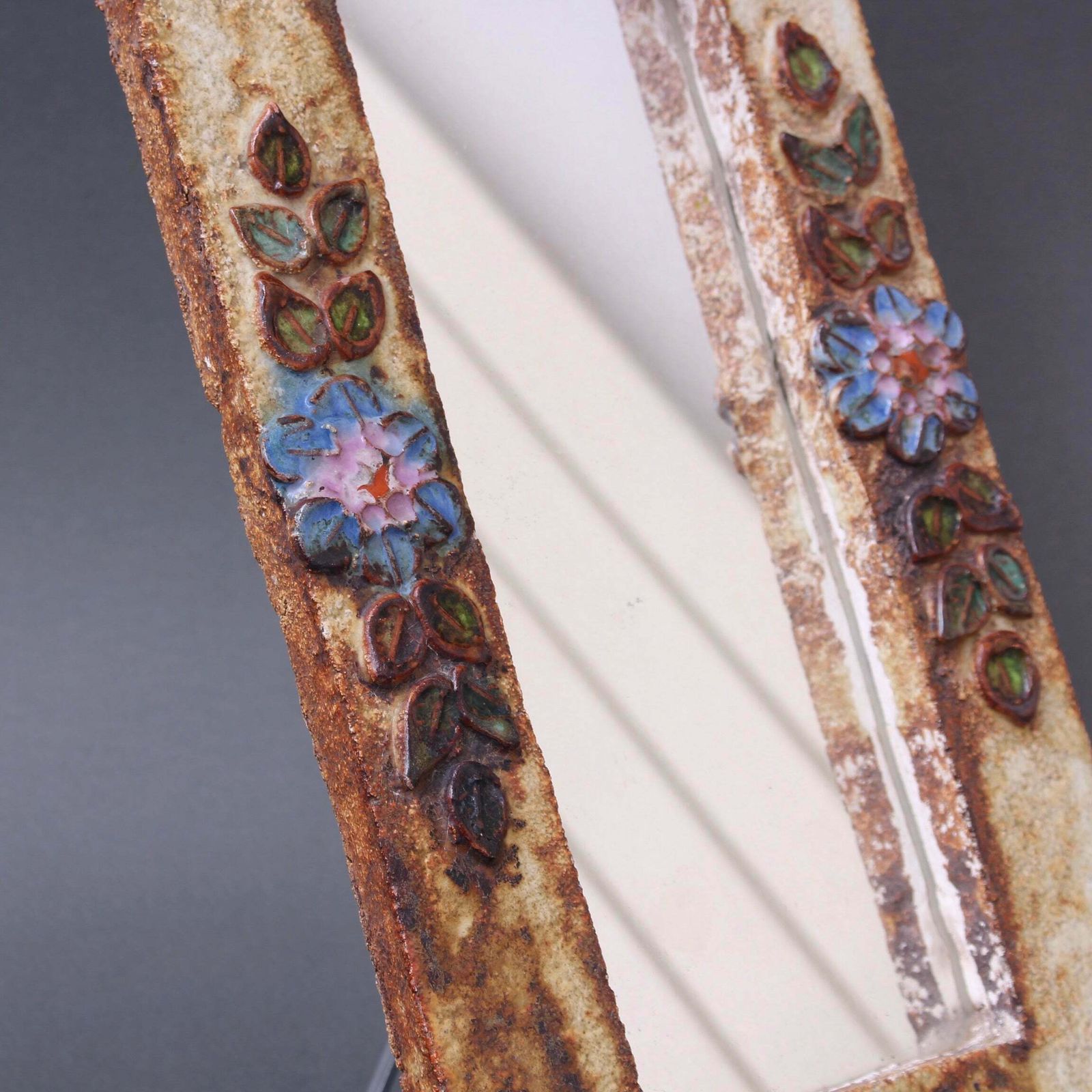 photo vinterior Ceramic Wall Mirror With Flower Motif By La Roue (Circa 1960s)