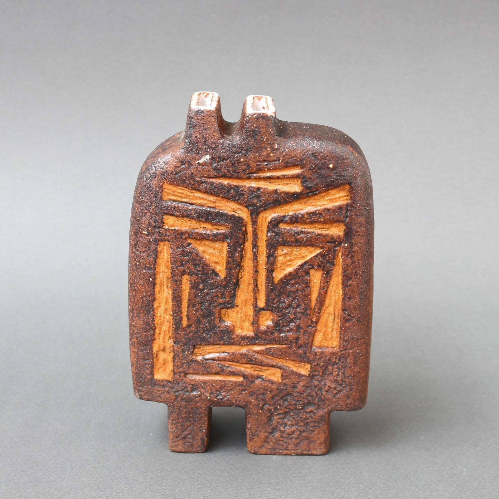 French Ceramic Vase With African Mask Motif Attributed To Jacqueline Lerat (Circa 1960s) photo for sale