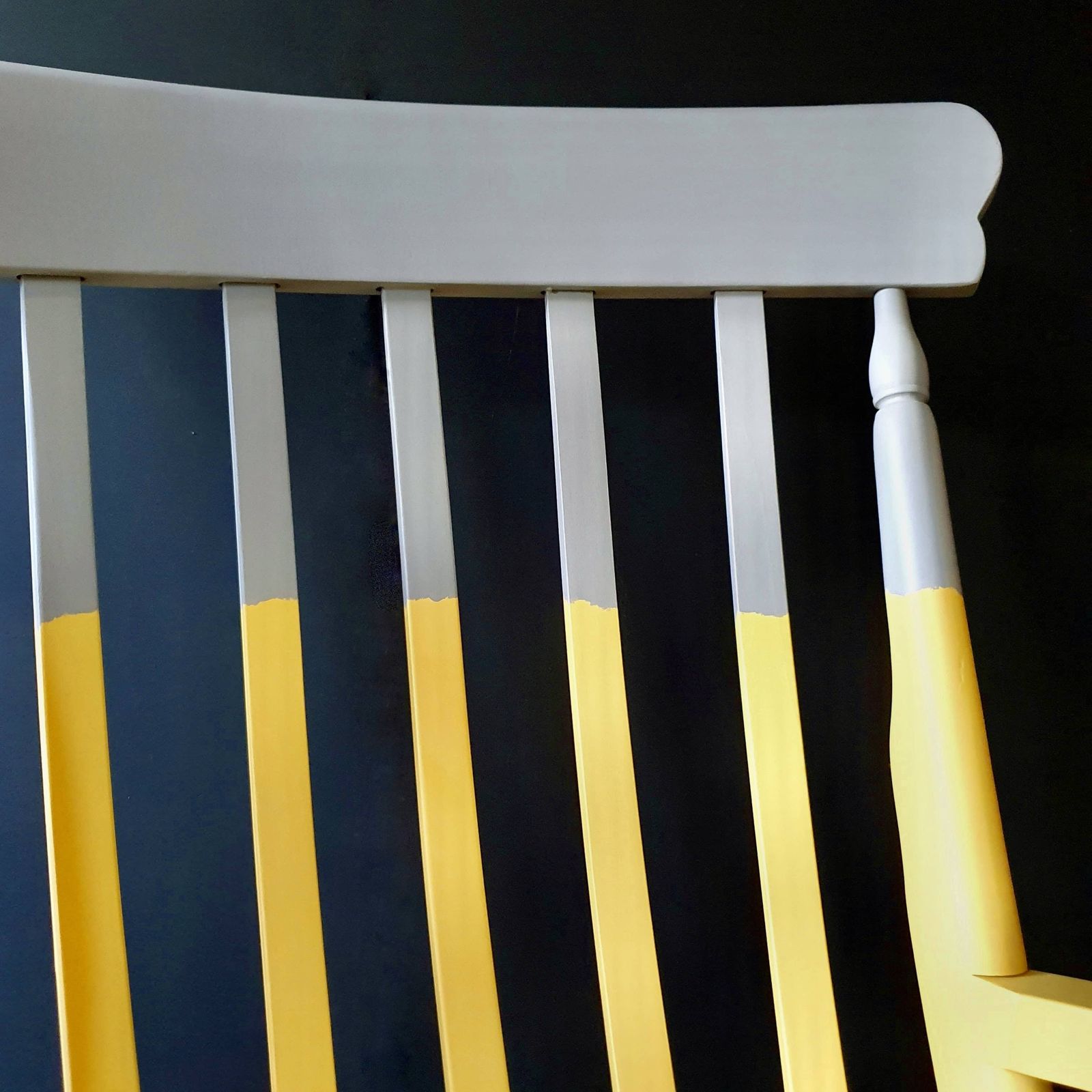 Two Tone Yellow And Grey Painted Wooden Rocking Chair photo vinterior