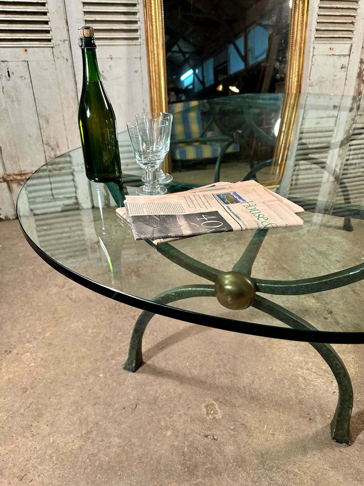 Exceptional Midcentury Hand Forged Spanish Dining/Centre Table With Verdigris Brass Base & Inch Thick Rounded Glass Top photo buy