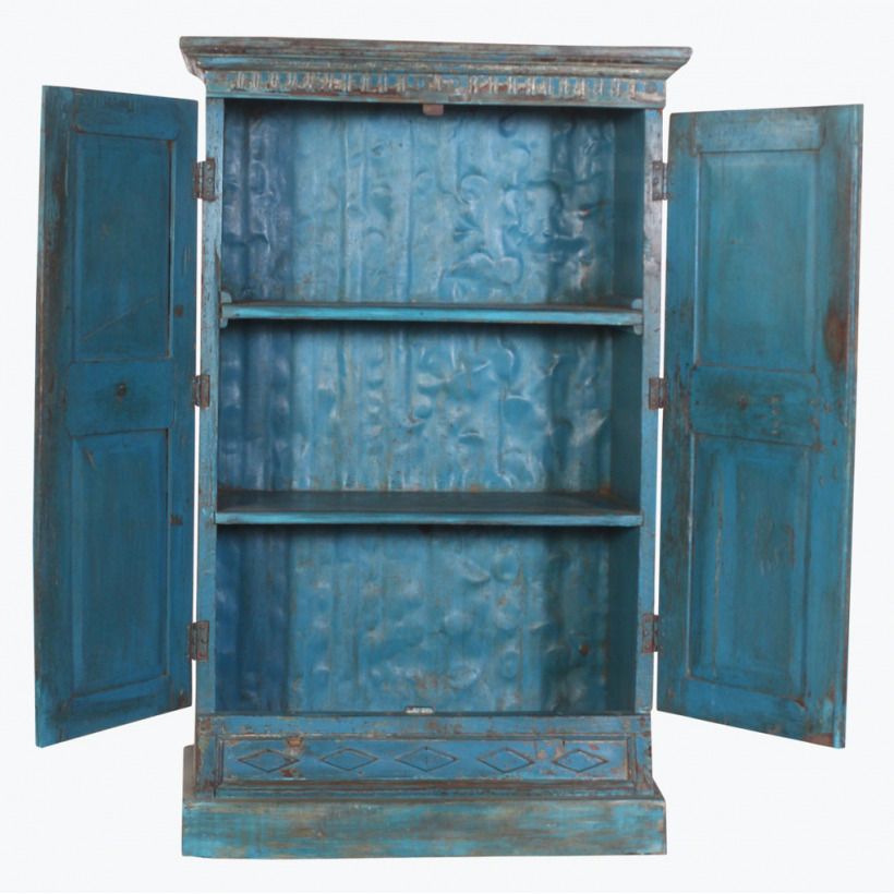 Blue Antique Sunflower 2 Door Hand Carved Cabinet photo for sale