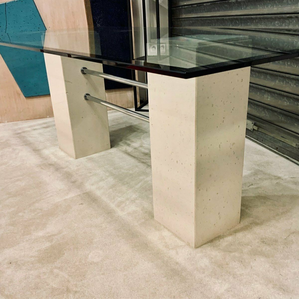 Design Dining Table In Travertine And Glass Top 1970s/80s photo furniture