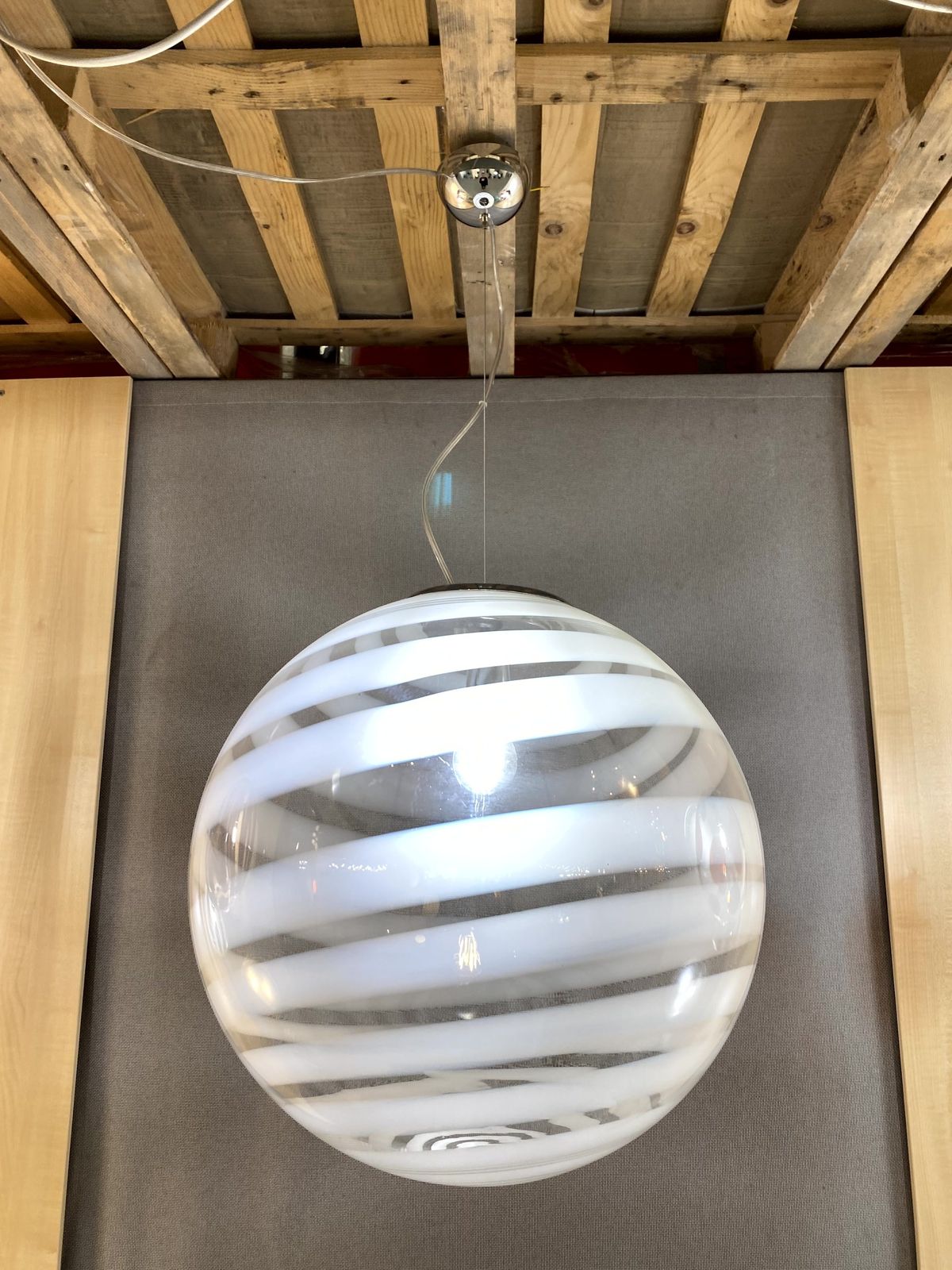 Impressive Contemporary White And Transparent Sphere In Murano Glass Swirl Venini Style