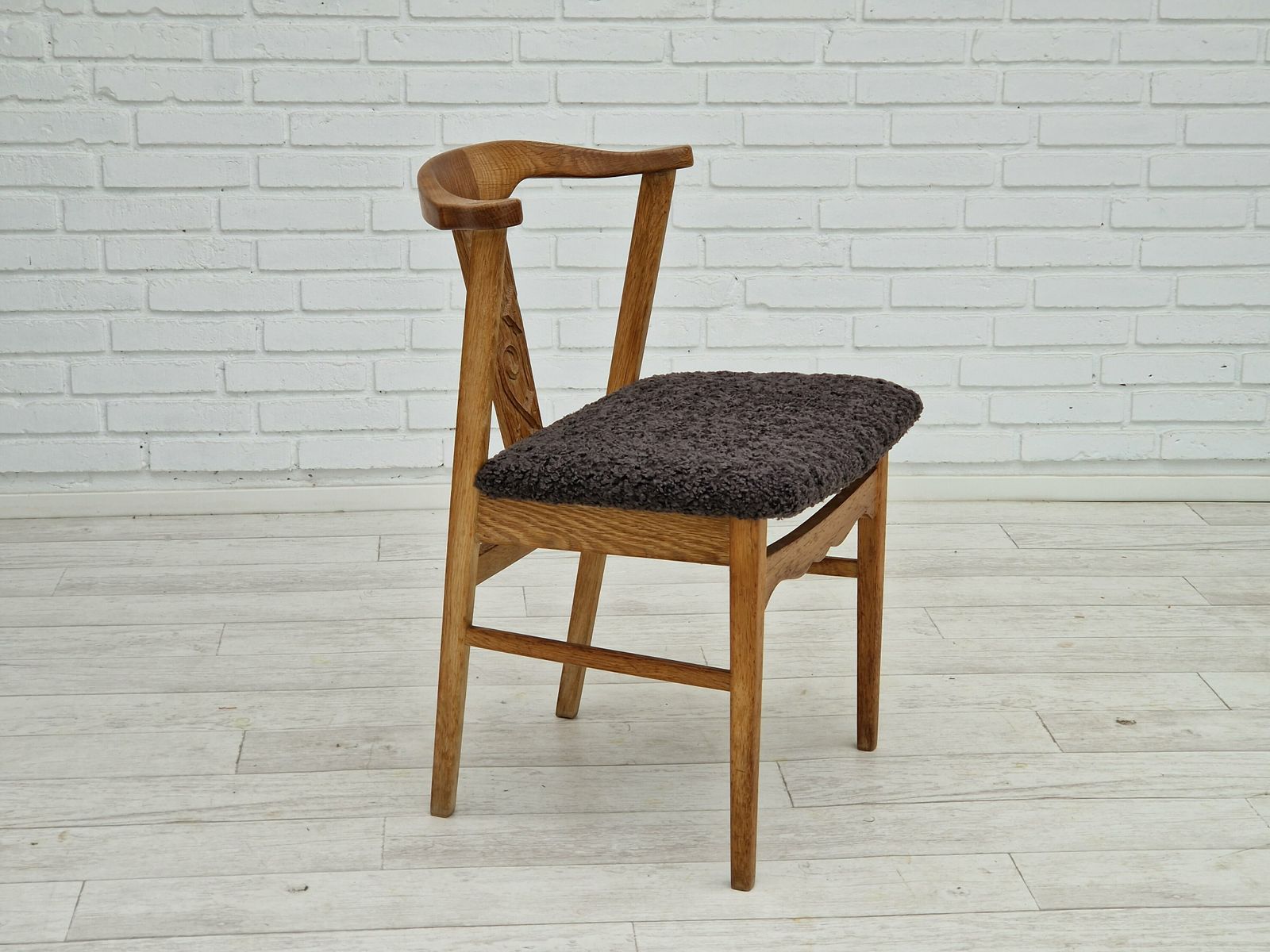 990.0 1960s, Danish Design By Henning Kjærnulf, Set Of 4 Dinning Chairs, Oak Wood, Sheepskin Imitation. photo