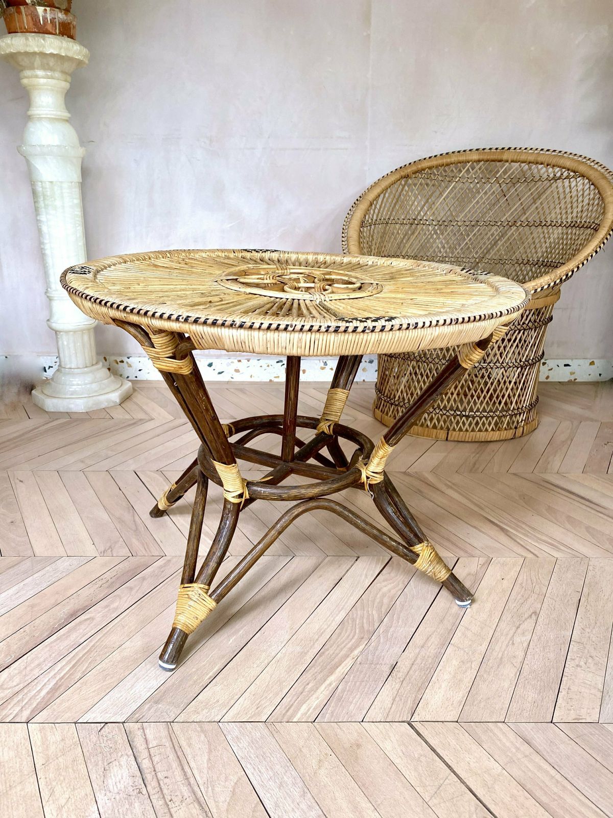 Original 1960s Peacock Rattan Tub Chair & Matching Table photo for sale